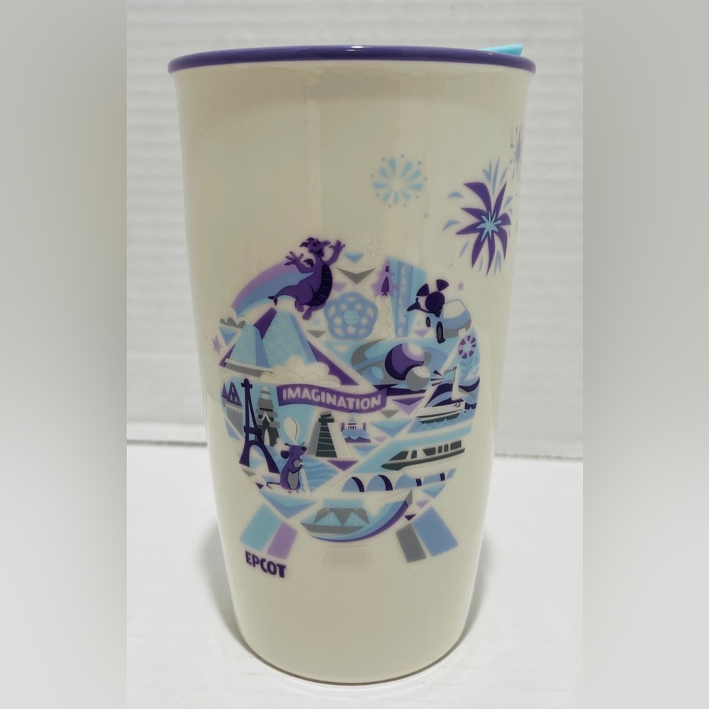 Starbucks Disney Theme Parks EPCOT Ceramic Travel Tumbler Mug Lid Figment 12 oz
